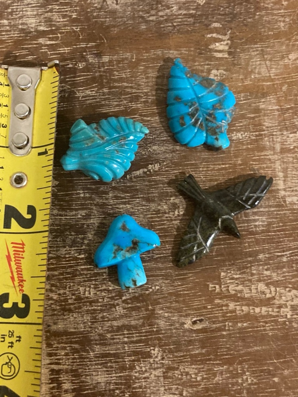 4 Small Stone Carvings Leaves Mushroom & Bird Green and Turquoise Colored - Picture 3 of 11